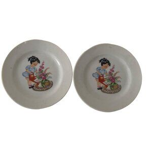 Child Tea Set Plate Girl watering Flowers Porcelain Japan Lot of 2